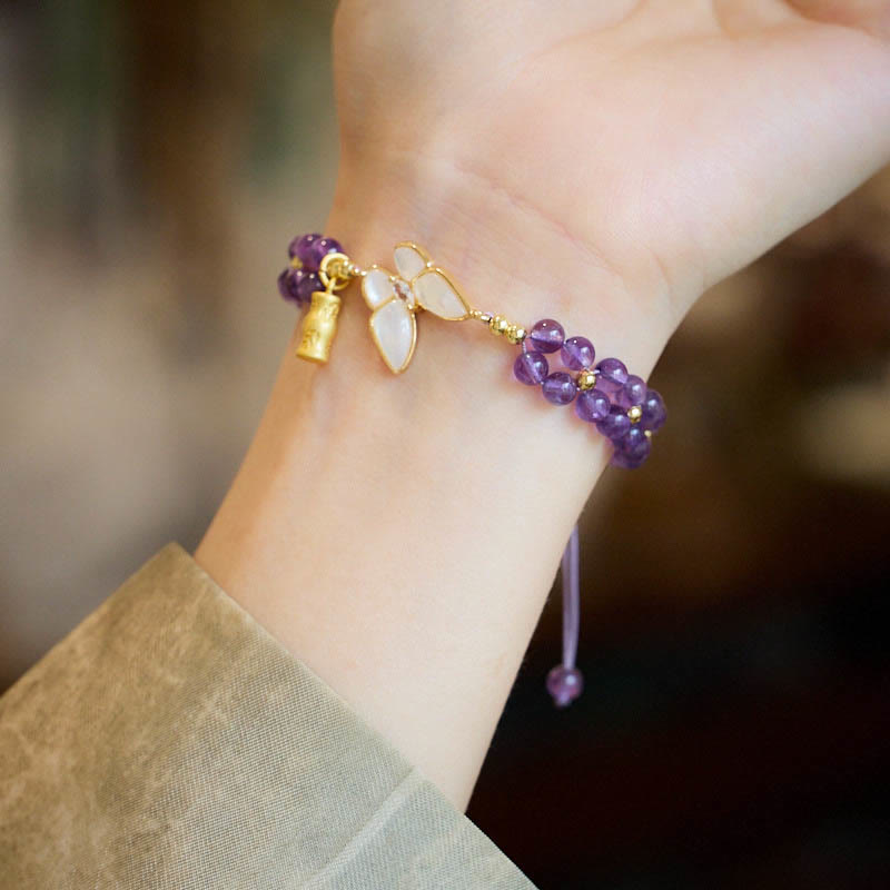 Pulsera de hilo trenzado que alivia el estrés con Buddha Stones, amatista, mariposa y bambú