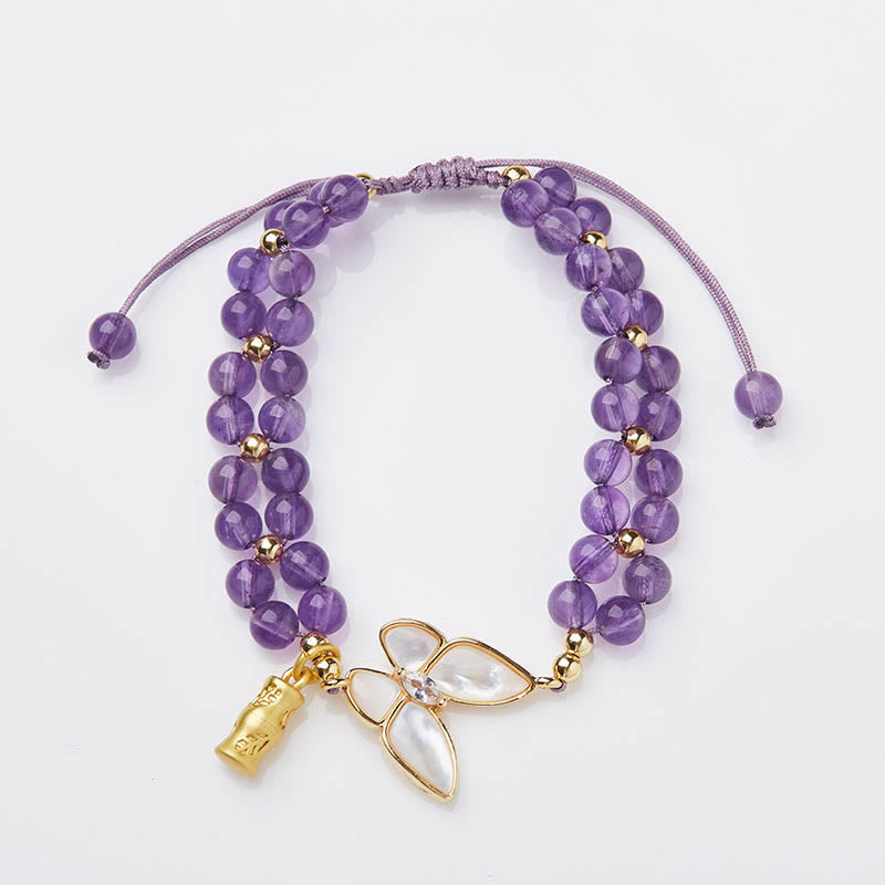 Pulsera de hilo trenzado que alivia el estrés con Buddha Stones, amatista, mariposa y bambú