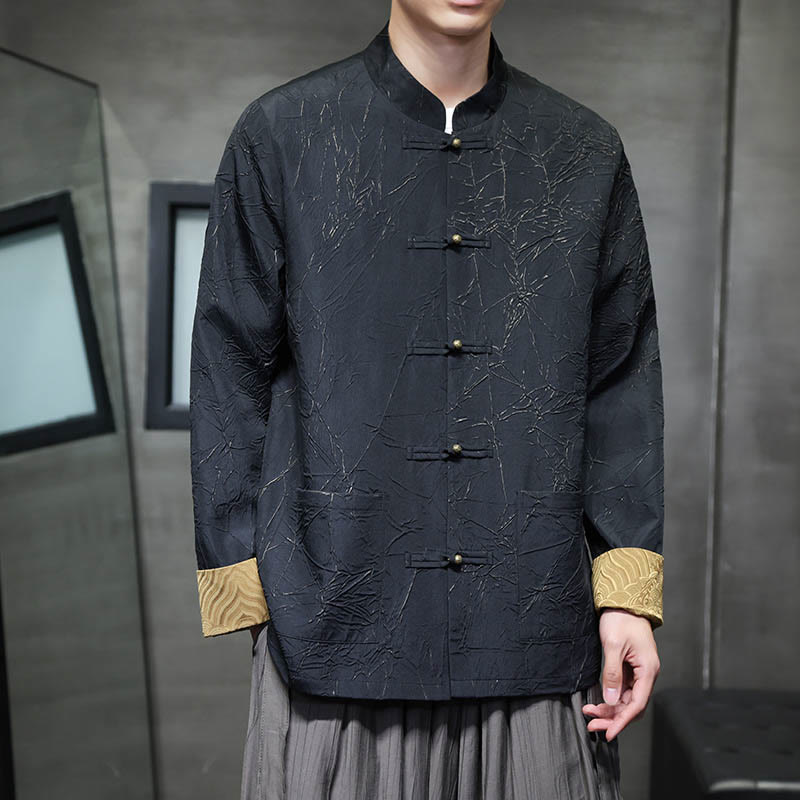 Traje Tang con Buddha Stones , informal, con botones de rana, manga larga, nailon, chaqueta, camisa, ropa para hombre - Negro - US/UK/AU46, EU56 (5XL) - image 0