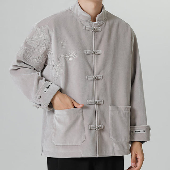 Chaqueta de algodón con botones de rana y dragón bordado con Buddha Stones para hombre - image 15