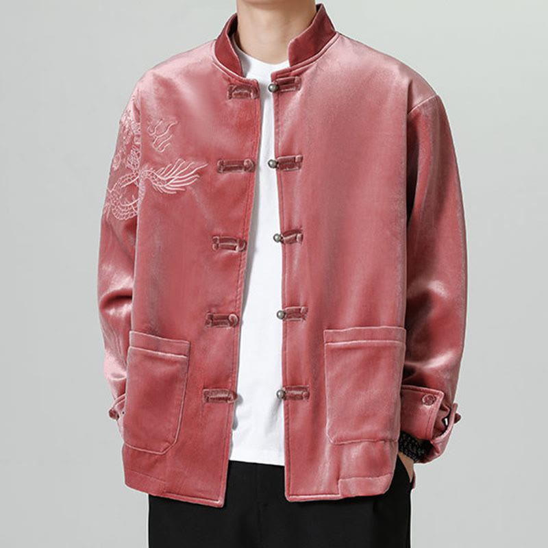 Chaqueta de algodón con botones de rana y dragón bordado con Buddha Stones para hombre - Ladrillo refractario - US/UK/AU46, EU56 (5XL) - image 1