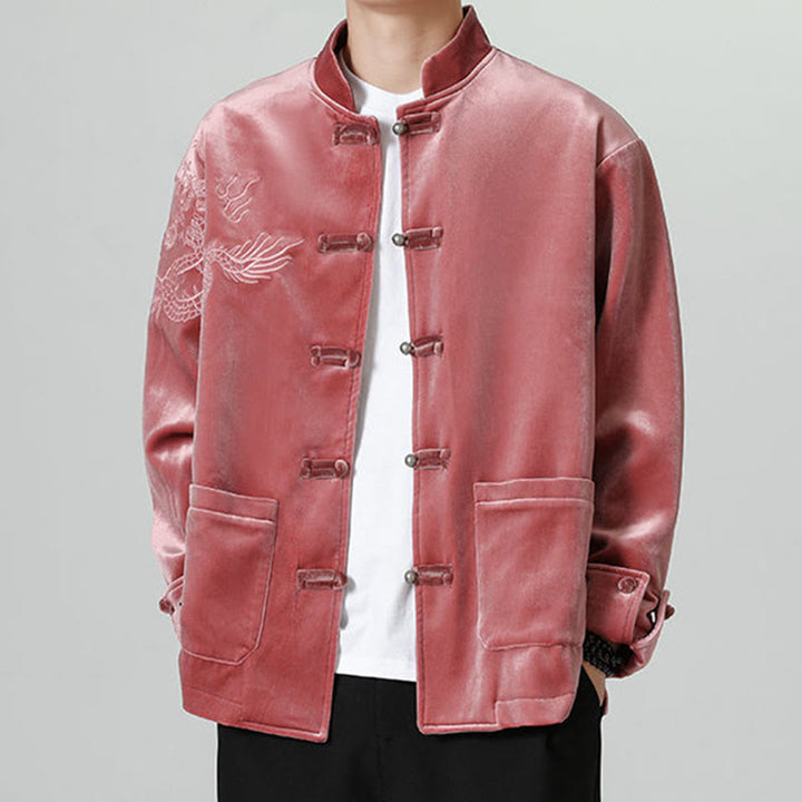 Chaqueta de algodón con botones de rana y dragón bordado con Buddha Stones para hombre - Ladrillo refractario - US/UK/AU46, EU56 (5XL) - image 1