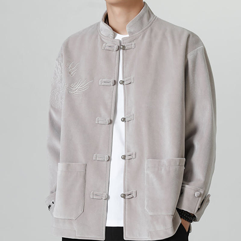 Chaqueta de algodón con botones de rana y dragón bordado con Buddha Stones para hombre - 	Plata - US/UK/AU46, EU56 (5XL) - image 11