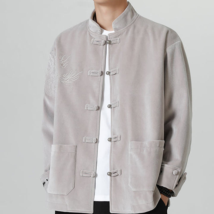 Chaqueta de algodón con botones de rana y dragón bordado con Buddha Stones para hombre - 	Plata - US/UK/AU46, EU56 (5XL) - image 11