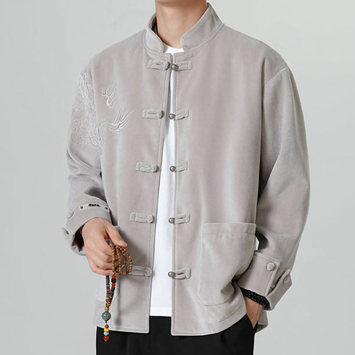 Chaqueta de algodón con botones de rana y dragón bordado con Buddha Stones para hombre - image 12