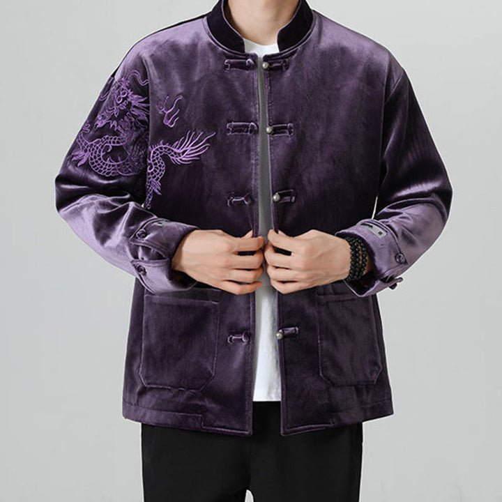 Chaqueta de algodón con botones de rana y dragón bordado con Buddha Stones para hombre - image 34