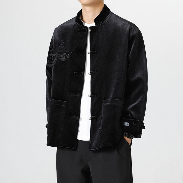 Chaqueta de algodón con botones de rana y dragón bordado con Buddha Stones para hombre - Negro - US/UK/AU46, EU56 (5XL) - image 18