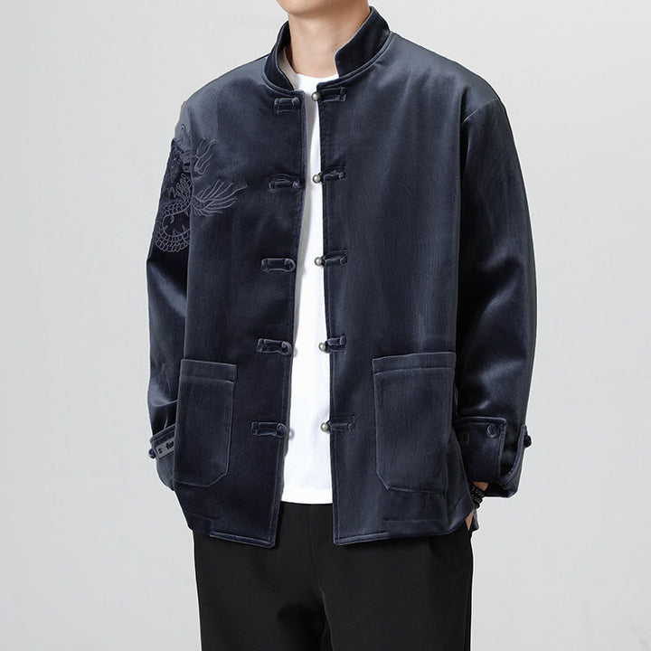 Chaqueta de algodón con botones de rana y dragón bordado con Buddha Stones para hombre - image 27