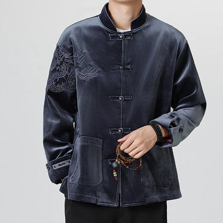 Chaqueta de algodón con botones de rana y dragón bordado con Buddha Stones para hombre - image 30