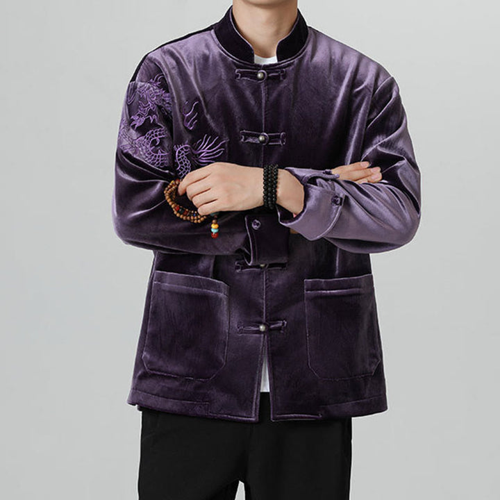 Chaqueta de algodón con botones de rana y dragón bordado con Buddha Stones para hombre - image 34