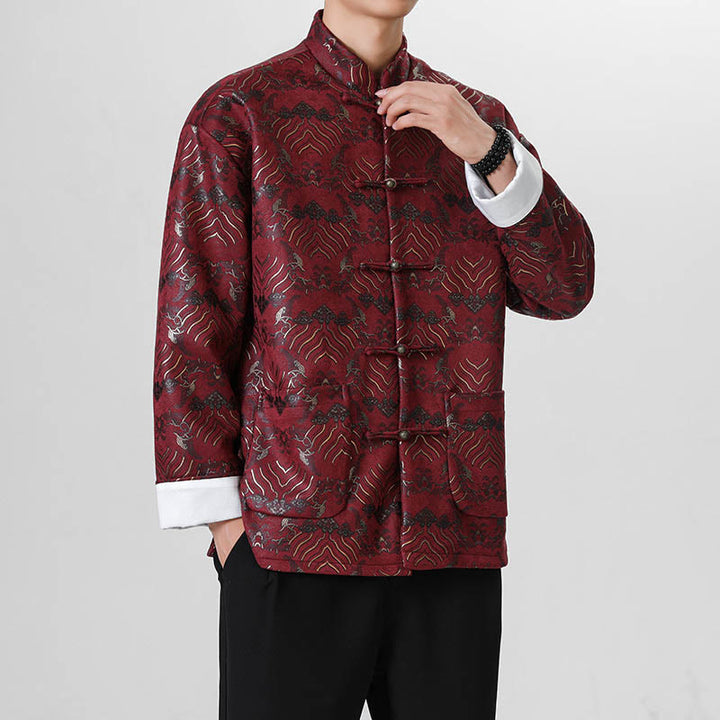 Traje chino Tang con Buddha Stones , camisa larga con forma de onda, chaqueta para hombre - Rojo oscuro - US/UK/AU46, EU56 (5XL) - image 6