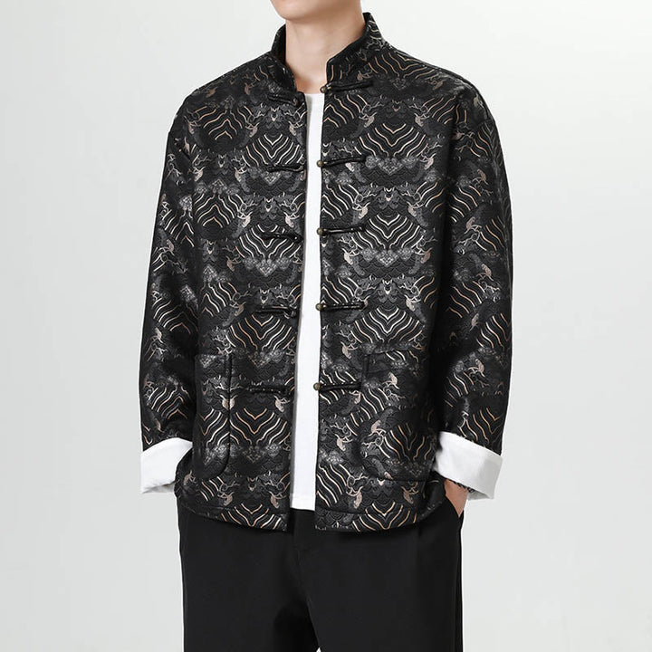 Traje chino Tang con Buddha Stones , camisa larga con forma de onda, chaqueta para hombre - Negro - US/UK/AU46, EU56 (5XL) - image 0