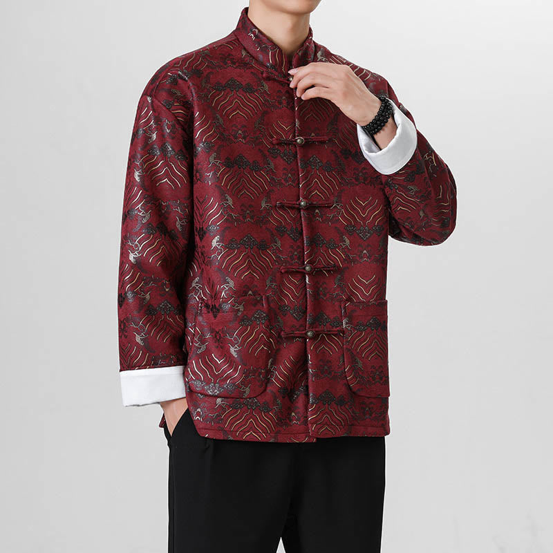 Traje chino Tang con Buddha Stones , camisa larga con forma de onda, chaqueta para hombre - Rojo oscuro - US/UK/AU46, EU56 (5XL) - image 6