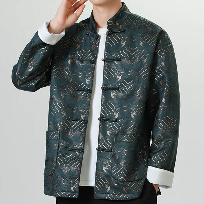 Traje chino Tang con Buddha Stones , camisa larga con forma de onda, chaqueta para hombre - Verde azulado - US/UK/AU46, EU56 (5XL) - image 13