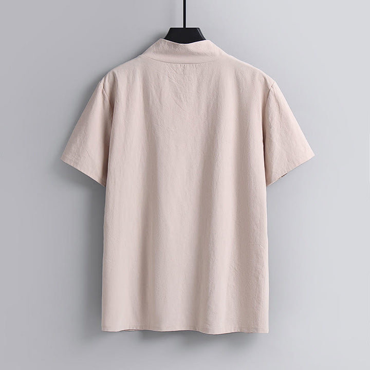 Camiseta de manga corta con cuello en V, transpirable, de algodón y lino, con estampado de Buddha Stones. - image 5
