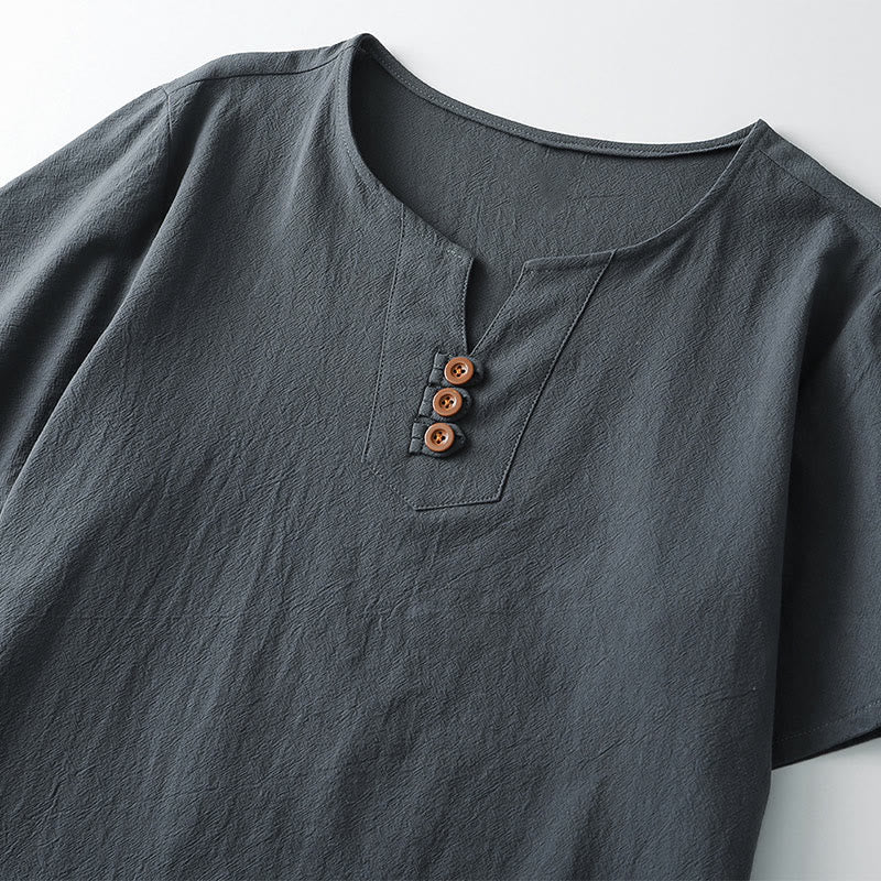 Camiseta de hombre Buddha Stones, color liso, manga corta, cuello en V y tres botones, de algodón suave - image 2