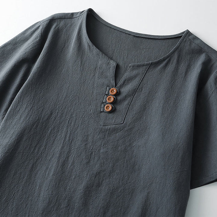 Camiseta de hombre Buddha Stones, color liso, manga corta, cuello en V y tres botones, de algodón suave - image 2