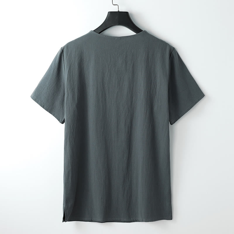 Camiseta de hombre Buddha Stones, color liso, manga corta, cuello en V y tres botones, de algodón suave - image 1