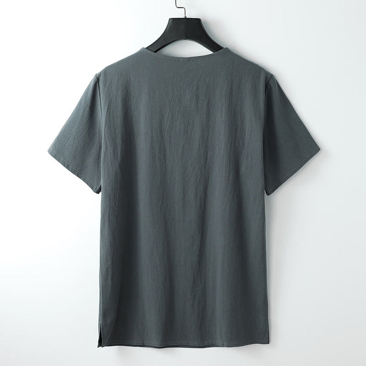 Camiseta de hombre Buddha Stones, color liso, manga corta, cuello en V y tres botones, de algodón suave - image 1