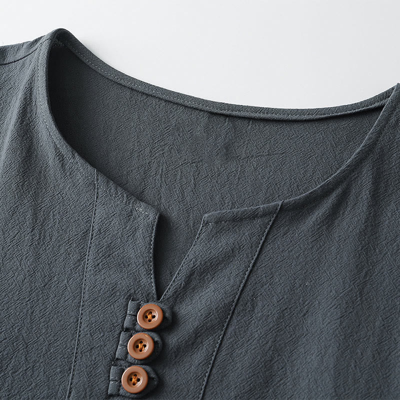 Camiseta de hombre Buddha Stones, color liso, manga corta, cuello en V y tres botones, de algodón suave - image 3