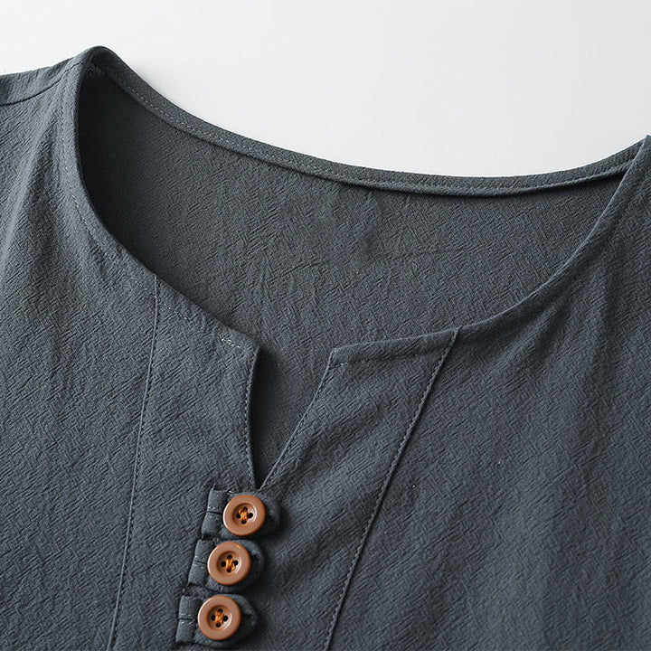 Camiseta de hombre Buddha Stones, color liso, manga corta, cuello en V y tres botones, de algodón suave - image 3