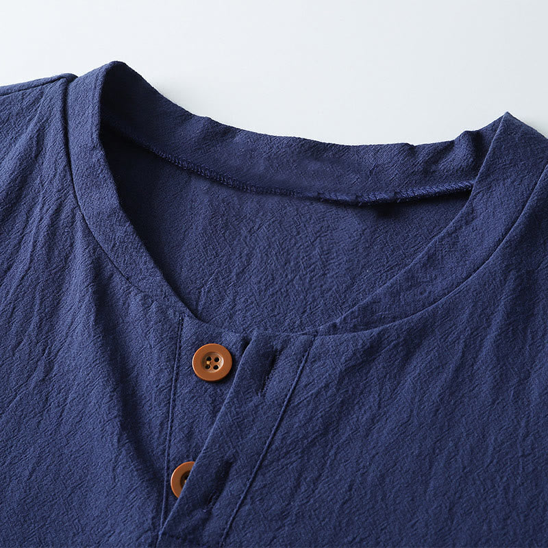 Camiseta holgada de hombre con Buddha Stones, color liso, manga corta, cuello con muescas y botones, suave - image 5