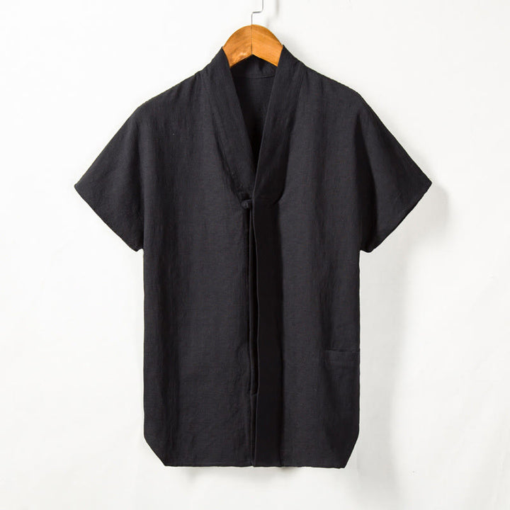 Camisa de manga corta para hombre Buddha Stones con bolsillo y cuello en V, cómoda, de algodón y lino. - image 4