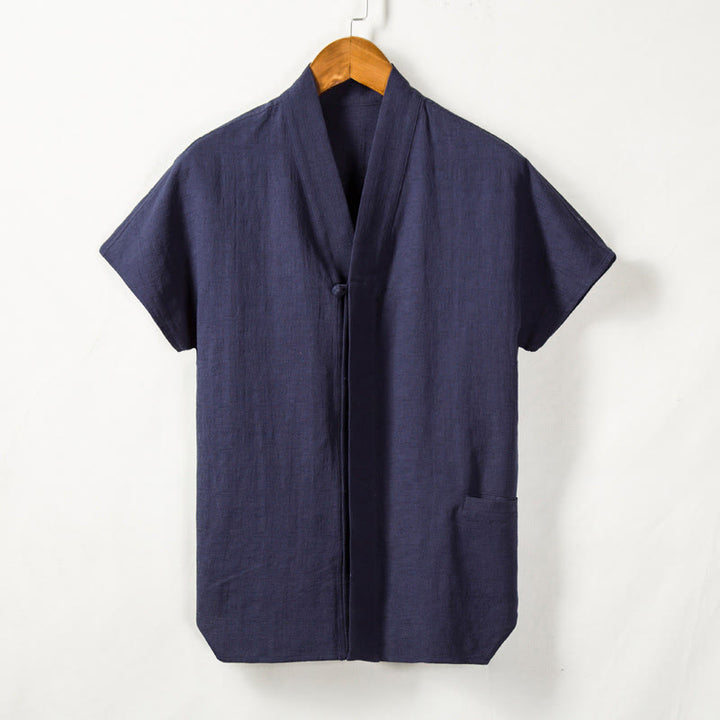 Camisa de manga corta para hombre con Buddha Stones y bolsillo, cuello con muescas, cárdigan, camisa cómoda de lino y algodón - image 6