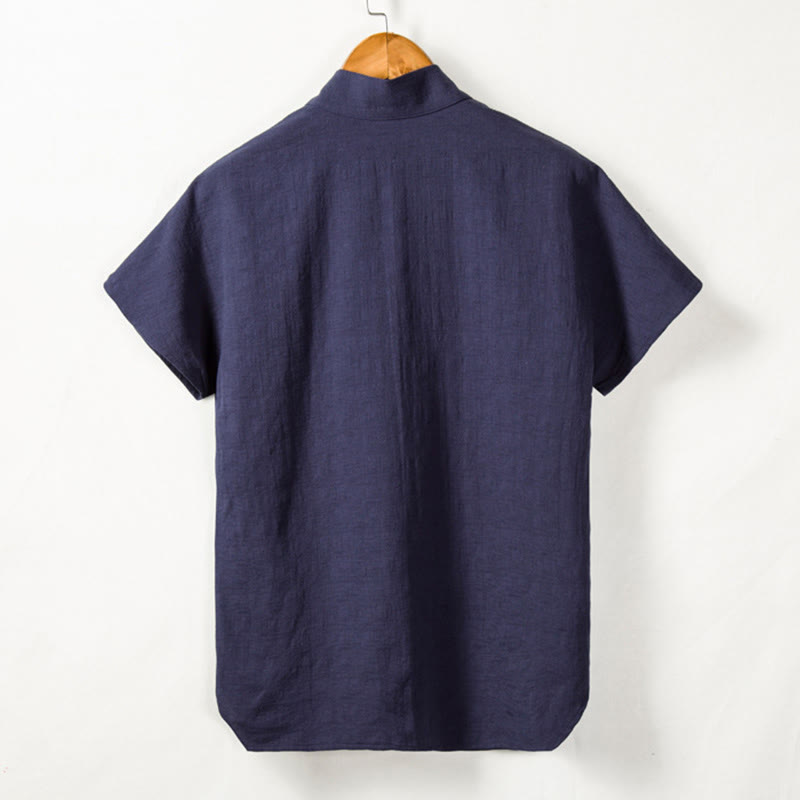 Camisa de manga corta para hombre Buddha Stones con bolsillo y cuello en V, cómoda, de algodón y lino. - image 7