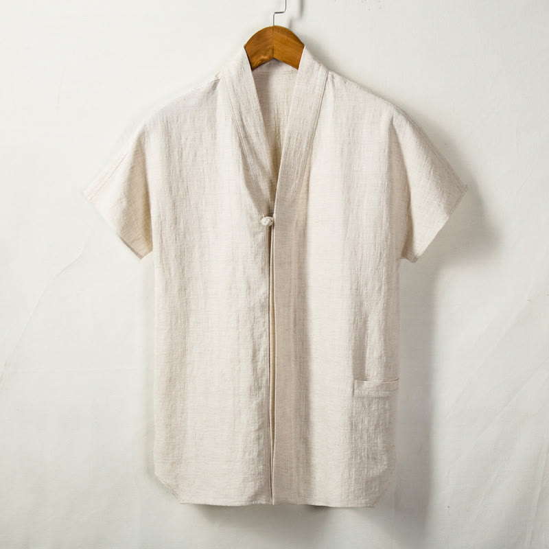 Camisa de manga corta para hombre con Buddha Stones y bolsillo, cuello con muescas, cárdigan, camisa cómoda de lino y algodón - image 0