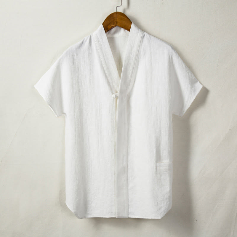 Camisa de manga corta para hombre Buddha Stones con bolsillo y cuello en V, cómoda, de algodón y lino. - image 2