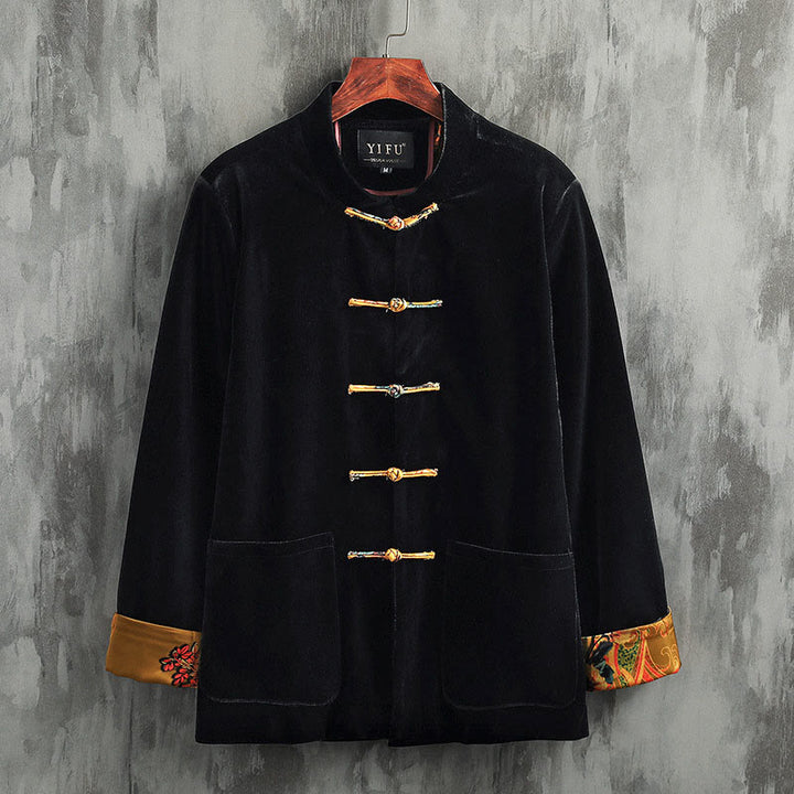 Traje Tang con Buddha Stones , cuello redondo, botones de rana, chaqueta de algodón para hombre, camisa, ropa - Botón amarillo - US/UK/AU42, EU52 (3XL) - image 0