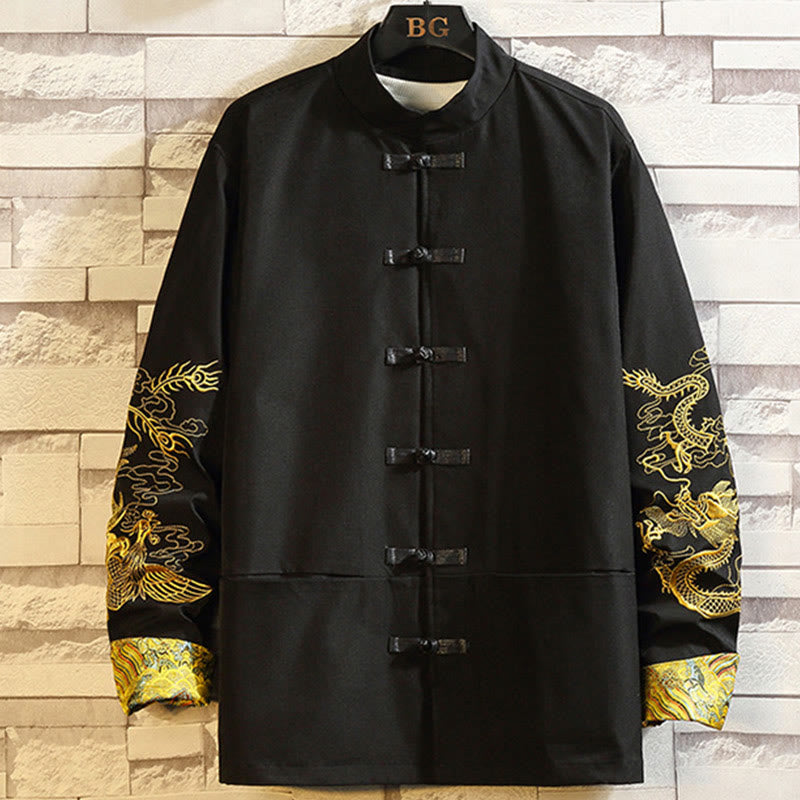 Chaqueta de algodón con botones de rana para hombre, informal, con bordado de Buddha Stones , dragón y fénix - Negro - US/UK/AU46, EU56 (5XL) - image 1