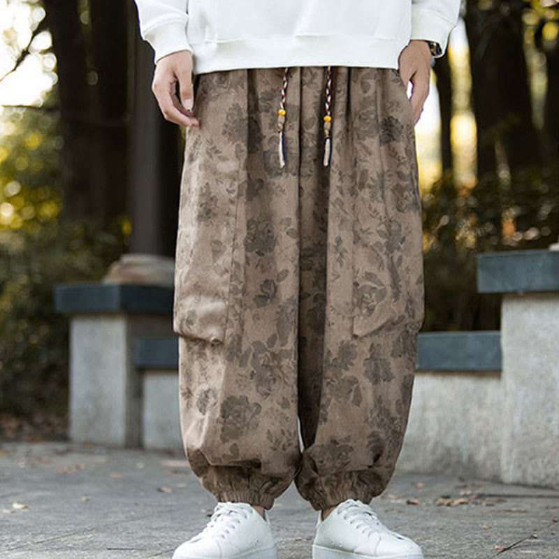 Pantalones casuales de pana de algodón con flores y Buddha Stones para hombre con bolsillos grandes - image 9