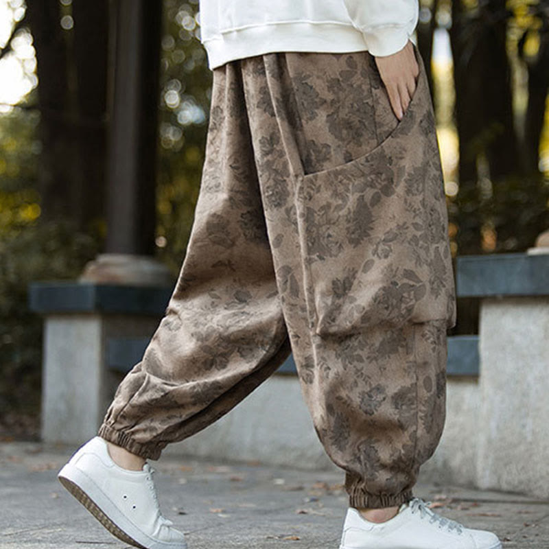 Pantalones casuales de pana de algodón con flores y Buddha Stones para hombre con bolsillos grandes - image 3