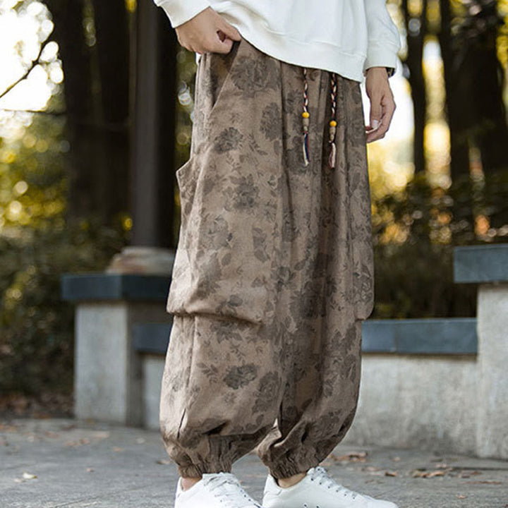 Pantalones casuales de pana de algodón con flores y Buddha Stones para hombre con bolsillos grandes - image 4