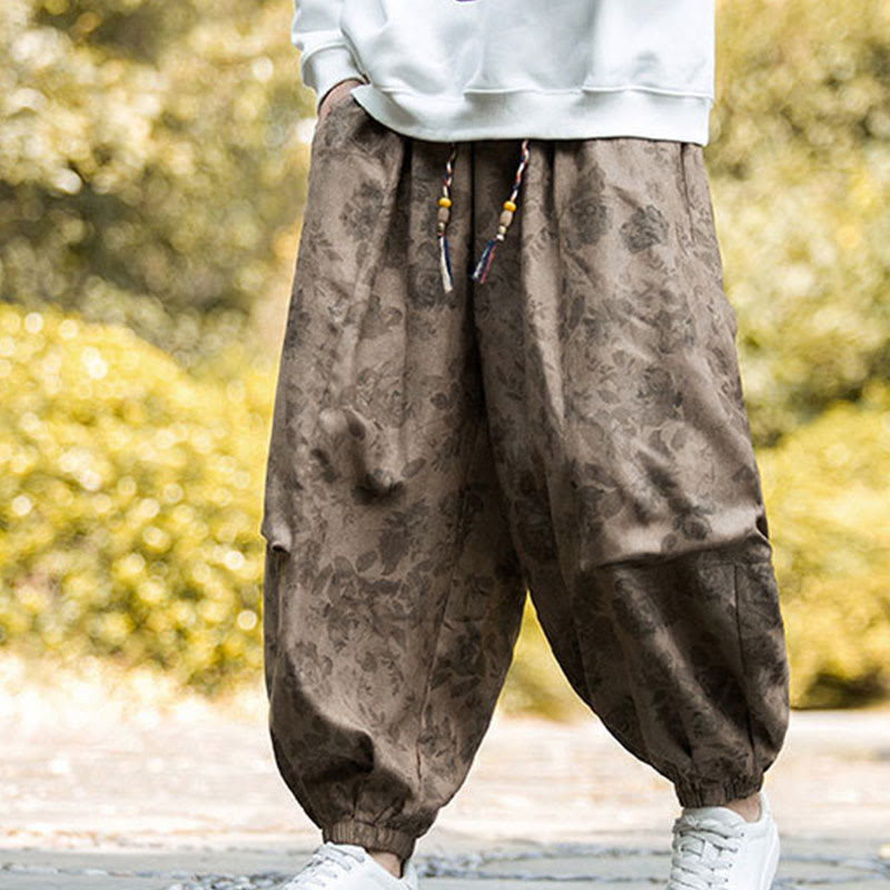 Pantalones casuales de pana de algodón con flores y Buddha Stones para hombre con bolsillos grandes - Vara de oro oscura - US/UK/AU46, EU56 (5XL) - image 0