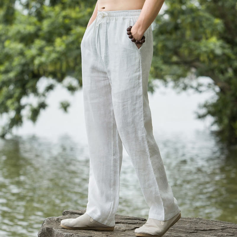 Pantalones anchos de lino y algodón de color liso con bolsillos para hombre Buddha Stones - Blanco - US/UK/AU50, UE60 (5XL) - image 15