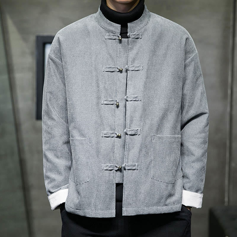 Chaqueta y camisa de algodón con botones de rana en color liso con Buddha Stones para hombre - Gris - US/UK/AU46, EU56 (5XL) - image 17