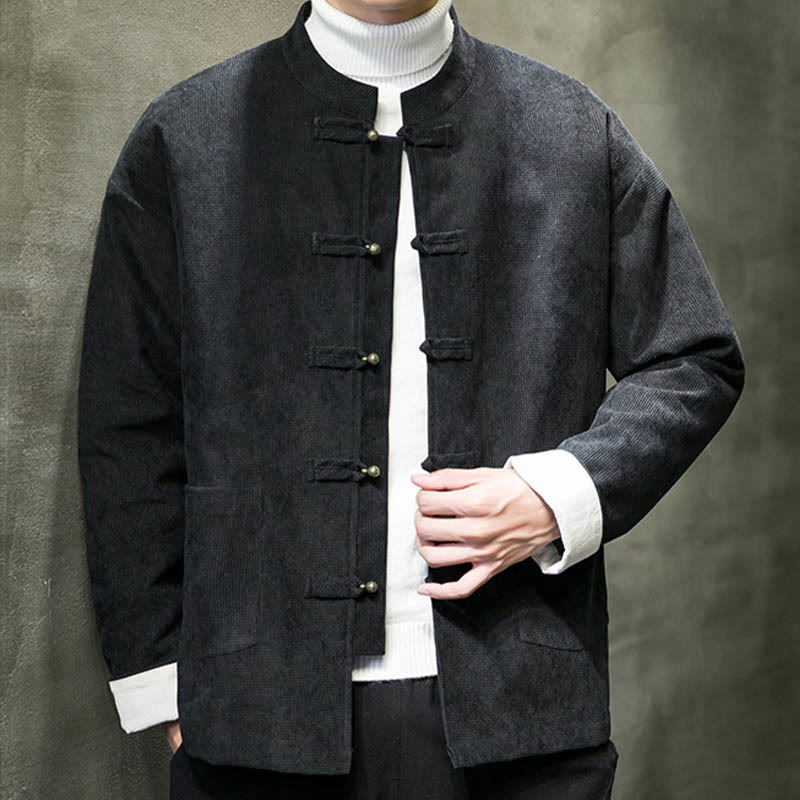Chaqueta y camisa de algodón con botones de rana en color liso con Buddha Stones para hombre - Negro - US/UK/AU46, EU56 (5XL) - image 0