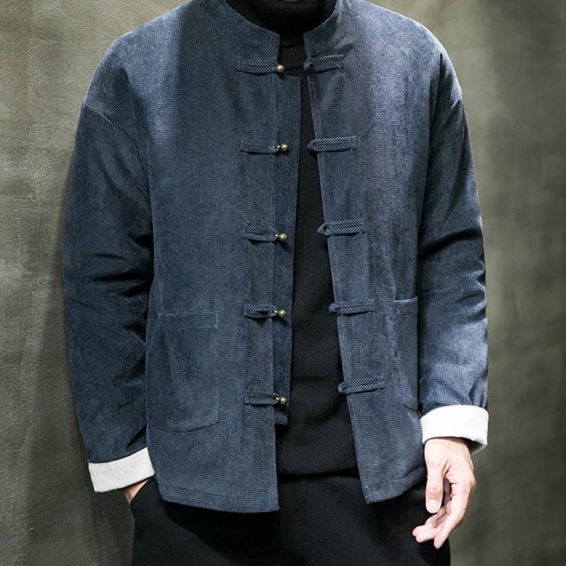 Chaqueta y camisa de algodón con botones de rana en color liso con Buddha Stones para hombre - Azul acero - US/UK/AU46, EU56 (5XL) - image 9