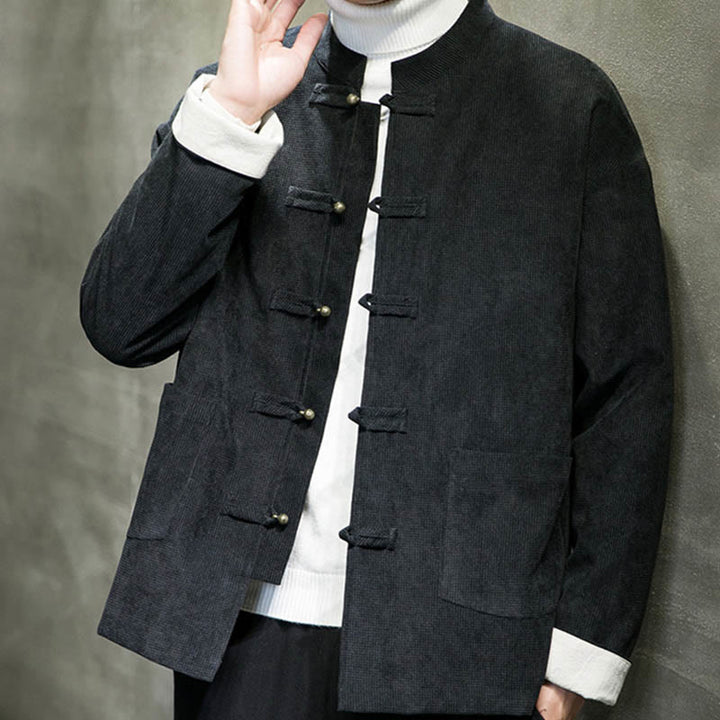 Chaqueta y camisa de algodón con botones de rana en color liso con Buddha Stones para hombre - image 2