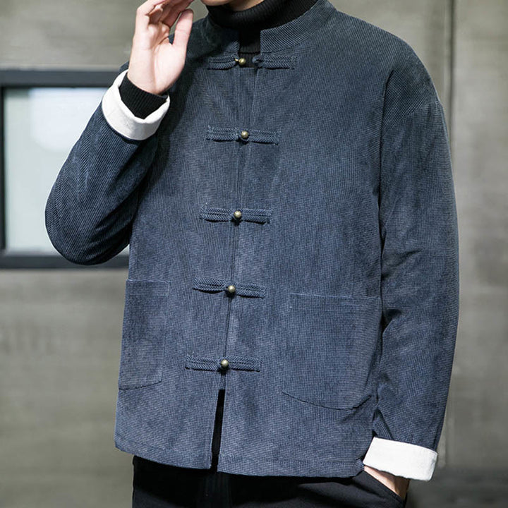 Chaqueta y camisa de algodón con botones de rana en color liso con Buddha Stones para hombre - image 12