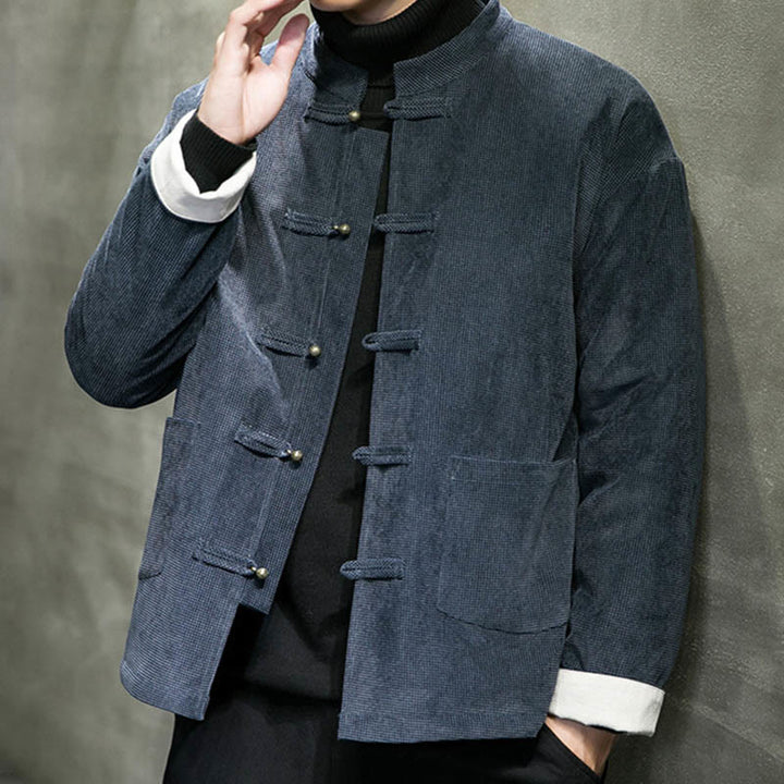 Chaqueta y camisa de algodón con botones de rana en color liso con Buddha Stones para hombre - image 11