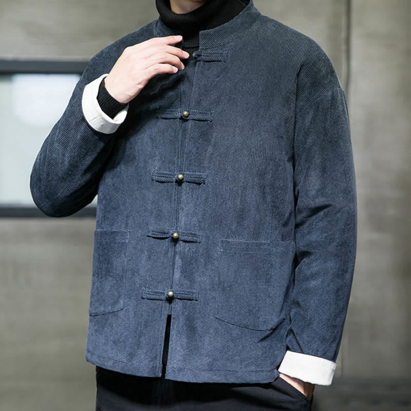 Chaqueta y camisa de algodón con botones de rana en color liso con Buddha Stones para hombre - image 14