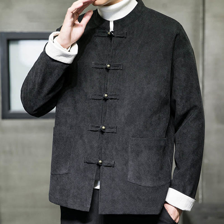 Chaqueta y camisa de algodón con botones de rana en color liso con Buddha Stones para hombre - image 3