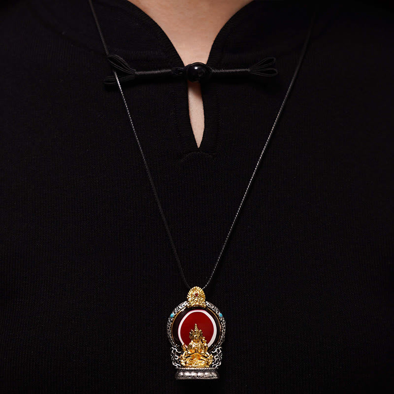 Collar con colgante de cobre con diseño de cuentas de Avalokitesvara Dzi tibetano con Buddha Stones
