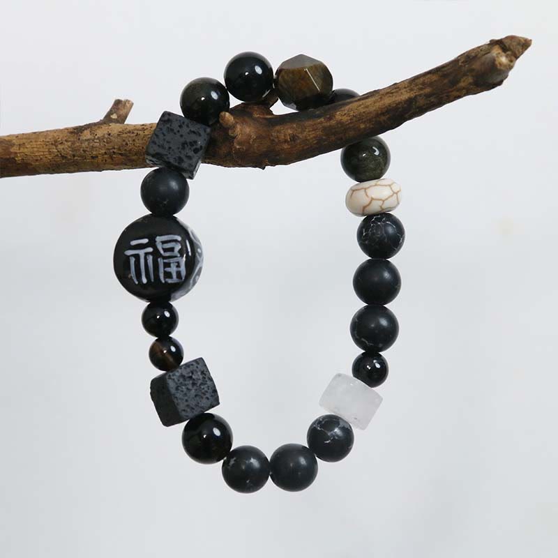Pulsera con personaje de la suerte Fu, Buddha Stones , cerámica, ónix negro, ágata y piedra brillante negra