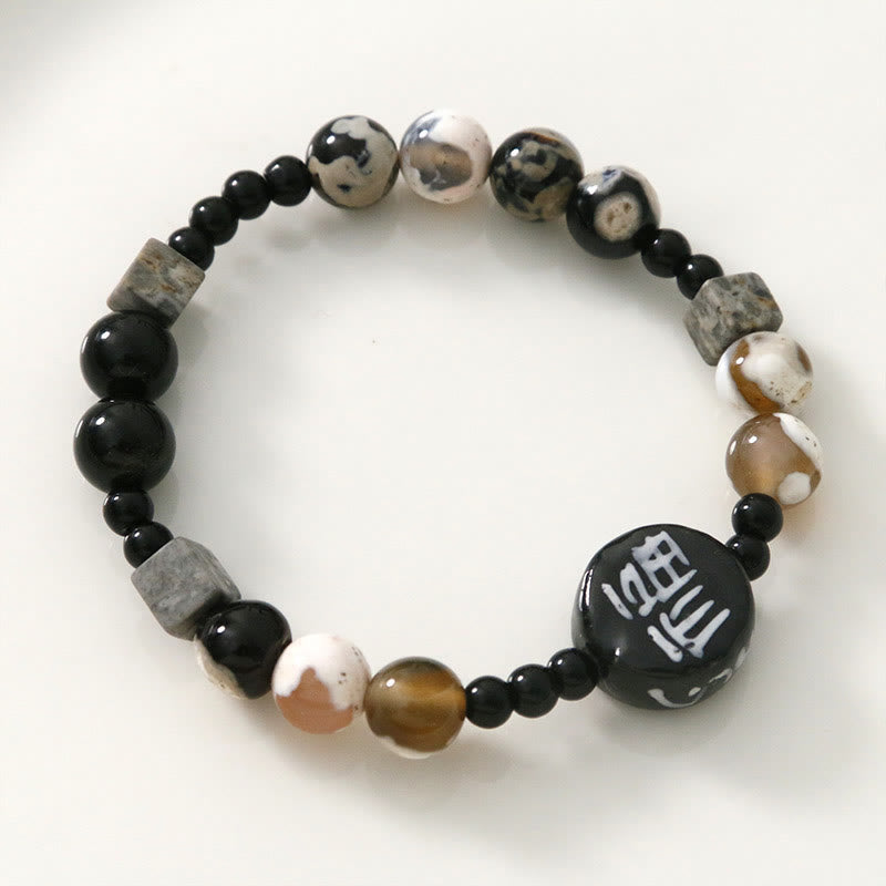Pulsera con personaje de la suerte Fu, Buddha Stones , cerámica, ónix negro, ágata y piedra brillante negra
