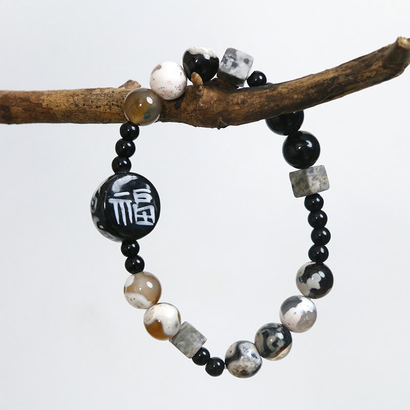 Pulsera con personaje de la suerte Fu, Buddha Stones , cerámica, ónix negro, ágata y piedra brillante negra